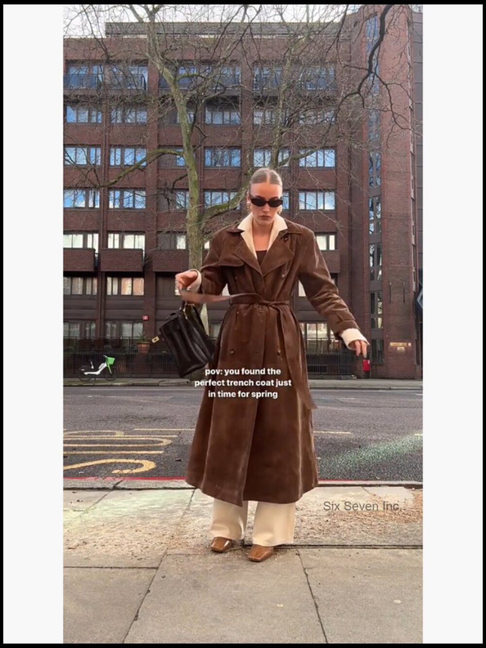 Faux Suede Long Trench Coat Notched Lapel Double Breasted Pea Coat with Belt - Picture 7 of 7